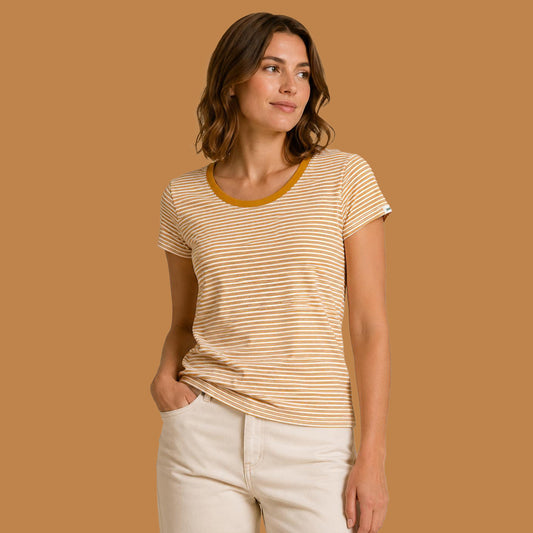Gelb-weiß-gestreiftes Damen T-Shirt aus Bio-Baumwolle